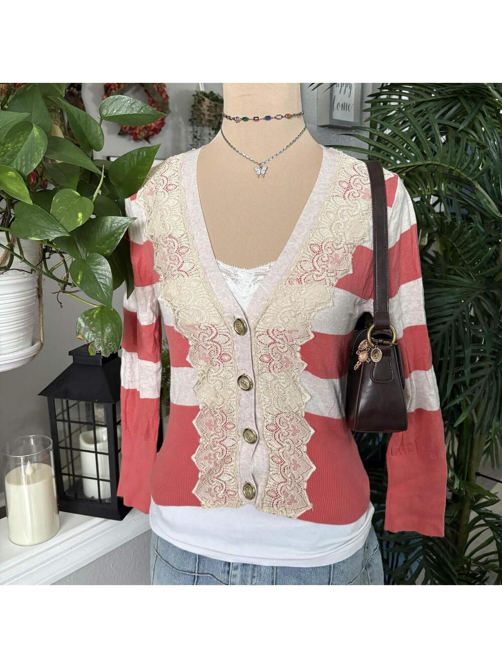 coral striped y2k cardigan